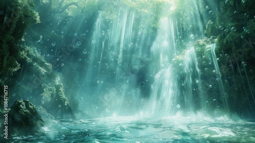 A magical waterfall cascades down a rocky cliff face, creating a mist that shimmers in the sunlight.  Water droplets and bubbles float in the air.
