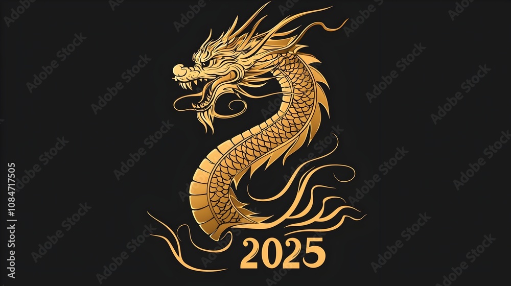 Obraz premium Golden Dragon 2025: An elegant and powerful golden dragon, soaring against a deep black background, embodies the spirit of strength, prosperity, and good fortune for the year 2025. 