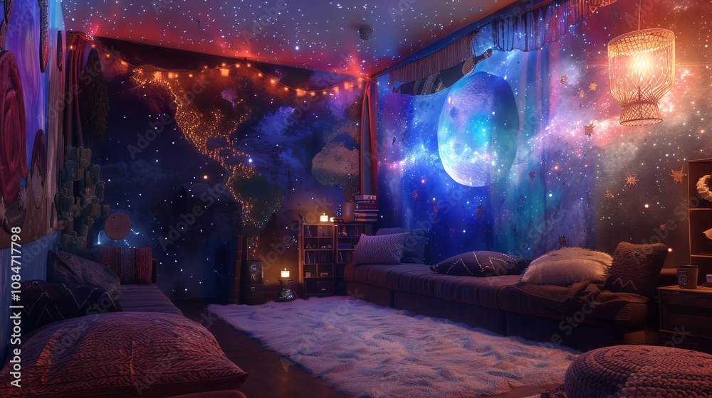 Dreamy living room interior with blue walls and carpet Dreamy living room interior with blue walls and carpet