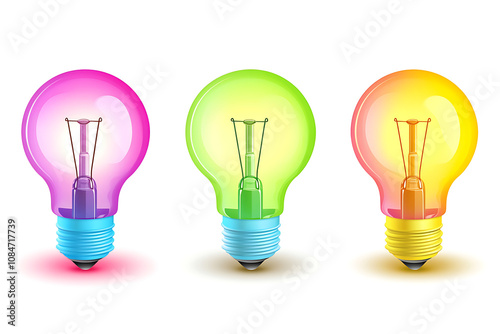 Three colorful light bulbs in pink, green, and orange, showcasing design and creativity.