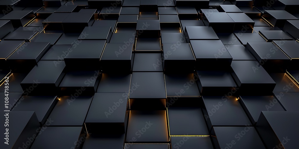 Fototapeta premium Abstract 3D rendering of dark cubes with glowing edges, creating a dynamic and modern texture.