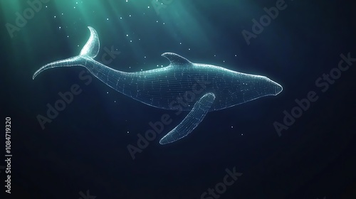 A whale swims in the deep blue water, its form made up of shimmering light. photo