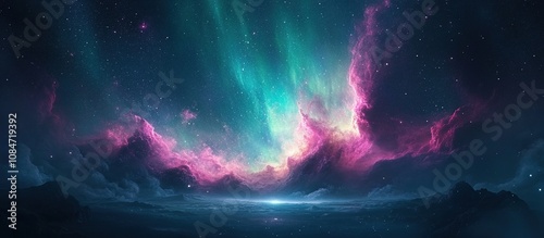 A vibrant cosmic scene depicting colorful auroras and a starry sky over a tranquil landscape.