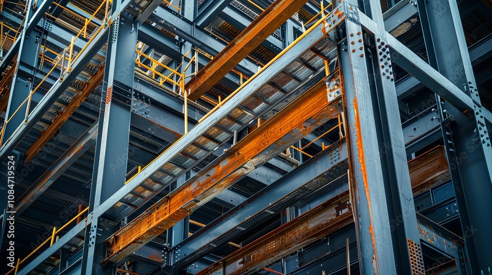 Intricate Steel Structure with Rust and Yellow Safety Rails of a Building Under Construction Intricate Steel Structure with Rust and Yellow Safety Rails of a Building Under Construction