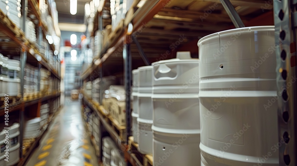 White Barrels Stored on Metal Shelving in a Warehouse White Barrels Stored on Metal Shelving in a Warehouse