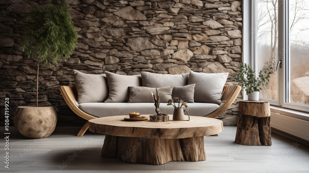Modern Rustic Living Room Wooden Sofa Stone Wall Coffee Table Modern Rustic Living Room Wooden Sofa Stone Wall Coffee Table