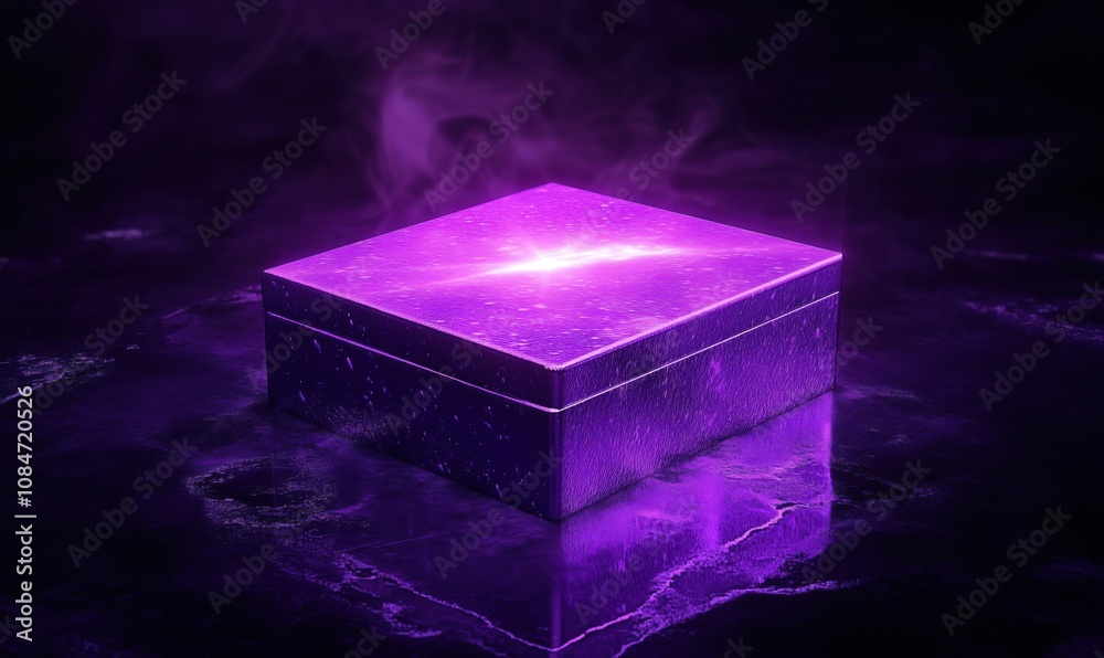 Fototapeta premium Mysterious purple box with glowing light, surrounded by mist and reflections. Enigmatic atmosphere, dark background, captivating design.