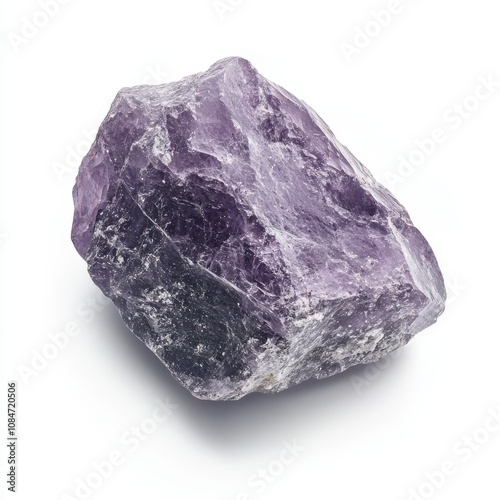 A single, purple fluorite crystal isolated on a white background.