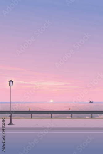 Seascape view from sidewalk with silhouette fishing boat followed by seagulls have dramatic sky vertical background graphic illustration.