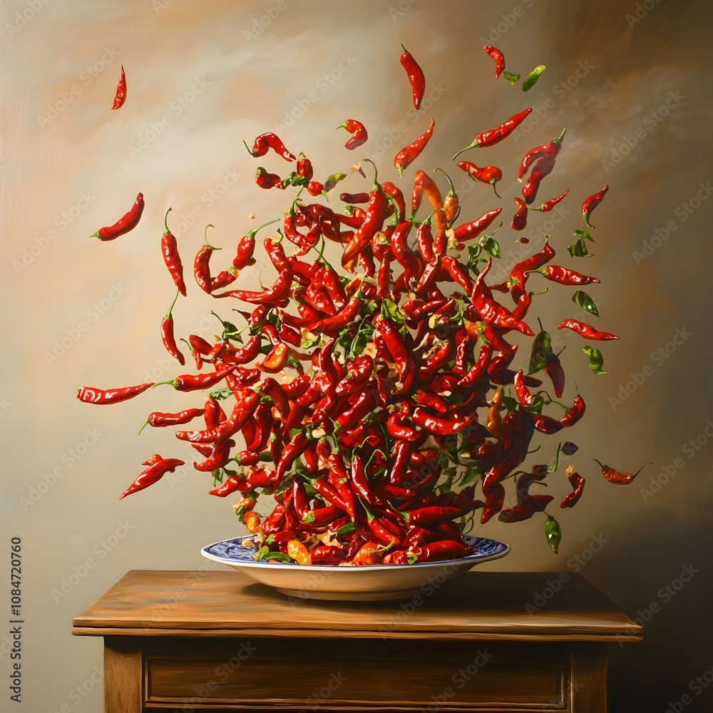 Naklejka premium Vibrant Explosion of Red Chili Peppers on a Wooden Table, Creating a Dynamic Culinary Art Scene with Background Smoke and Vibrant Colors in a Still Life Composition