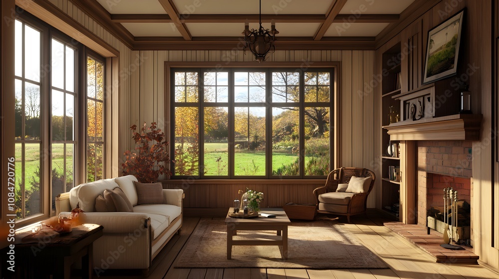 Cozy and Inviting Living Room with Large Windows Showcasing Autumn Landscape and Warm Natural Light in a Rustic Home Setting Cozy and Inviting Living Room with Large Windows Showcasing Autumn Landscape and Warm Natural Light in a Rustic Home Setting