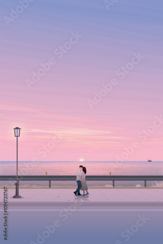 Seascape sunset view from sidewalk with couple of lover kissing have dramatic sky vertical background graphic illustration.