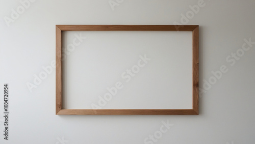 Empty wooden photo frame hanging on white wall