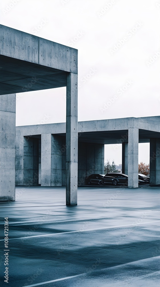 Obraz premium Modern Concrete Architecture with Minimalist Design Showcasing a Spacious Parking Area Surrounded by Geometric Structures and Limited Natural Light