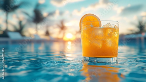 Refreshing orange drink by the pool at sunset.