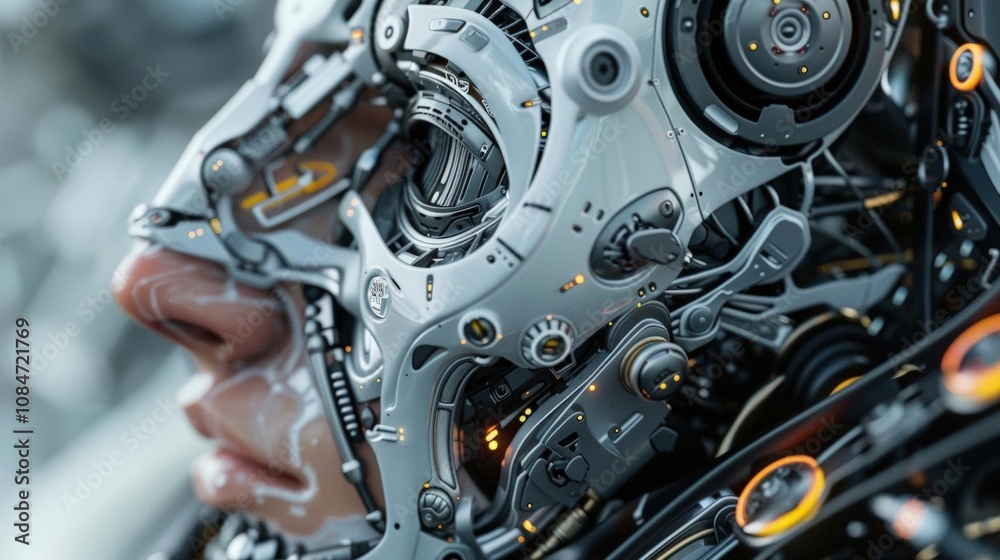 Fototapeta premium Explore the intricate details of a futuristic cyborgs face in extreme close-up from a low angle