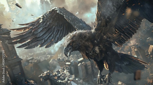 Explore the power of a fierce griffin in a post-apocalyptic world photo