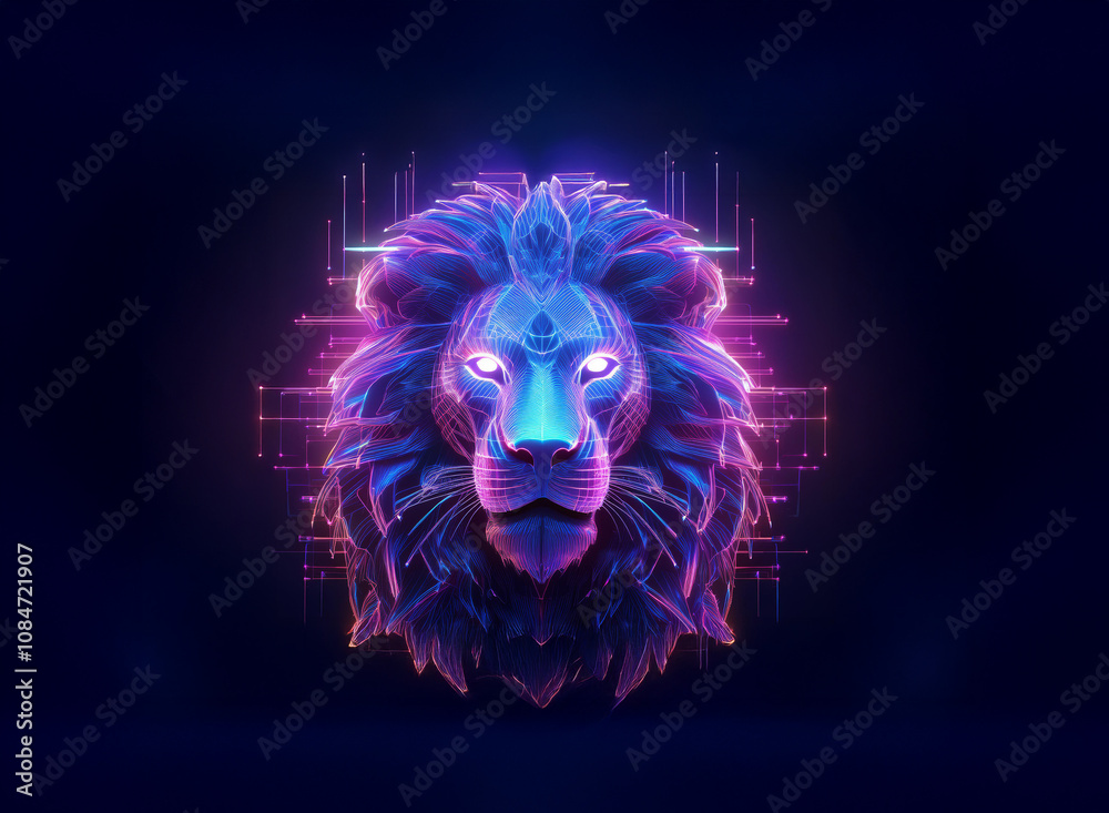 A majestic lion's head, rendered in vibrant purple and pink neon, glows against a dark, digital background. Its geometric, polygonal form suggests a futuristic, digital artwork. A majestic lion's head, rendered in vibrant purple and pink neon, glows against a dark, digital background. Its geometric, polygonal form suggests a futuristic, digital artwork.