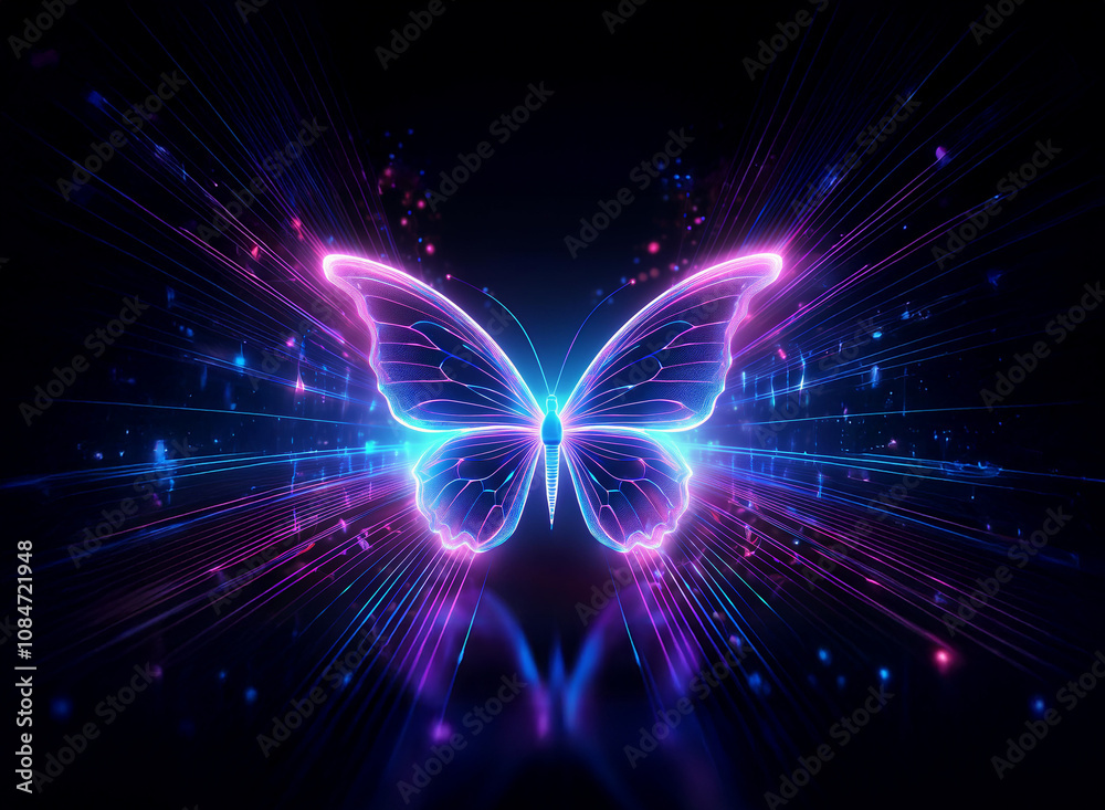 Glowing butterfly, vibrant purple and blue hues, radiating light streaks against a dark background. Mystical and ethereal, it evokes a sense of wonder. Glowing butterfly, vibrant purple and blue hues, radiating light streaks against a dark background. Mystical and ethereal, it evokes a sense of wonder.