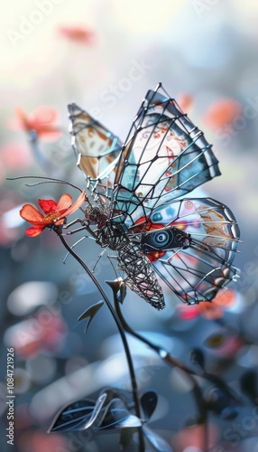 Wallpaper Mural Frame a close-up long shot of a robotic butterfly perched delicately on an intricate wireframe flower, blending natures grace with technological intricacy Torontodigital.ca