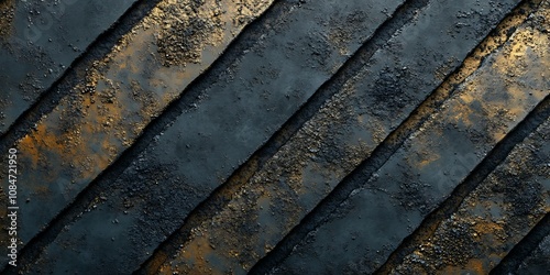 Abstract diagonal texture of dark and gold metallic stripes with rough surface.