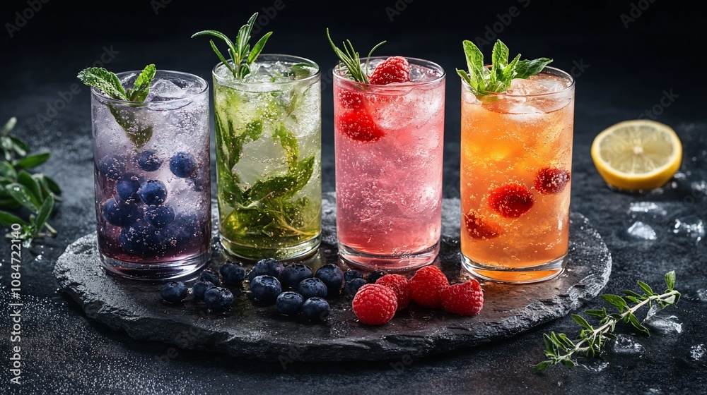 Four refreshing summer fruit cocktails. Four refreshing summer fruit cocktails.