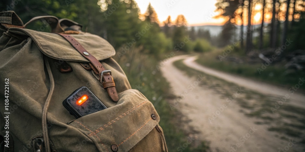 Canvas Backpack Flap The scene captures the flap of a weathered canvas backpack with a pager poking out just enough to show its status light blinking in a warm orange. The Canvas Backpack Flap The scene captures the flap of a weathered canvas backpack with a pager poking out just enough to show its status light blinking in a warm orange. The