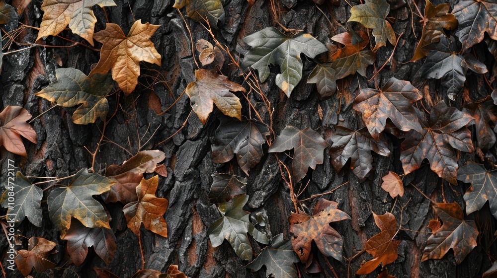 A close-up of a tree trunk covered in fallen leaves. The leaves are a mix of brown, orange, and green, and they are scattered across the surface of the bark. A close-up of a tree trunk covered in fallen leaves. The leaves are a mix of brown, orange, and green, and they are scattered across the surface of the bark.