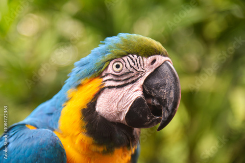 The blue-and-yellow macaw (Ara ararauna) is a majestic tropical parrot with bright blue and golden yellow plumage.