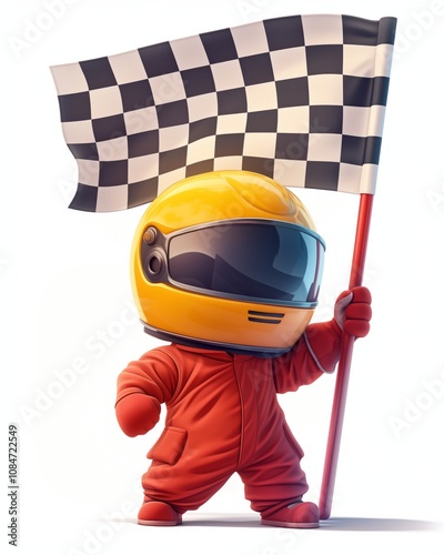 Cute 3d illustration, a car racer wearing full red overalls, yellow helmet and holding a checkered flag