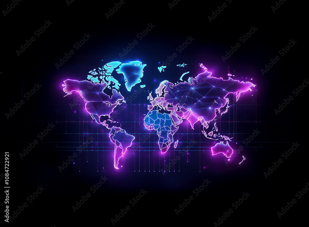 A vibrant, neon-lit world map glows against a dark background, showcasing global interconnectedness through a network of glowing lines and nodes. The map's design suggests digital technology and glob A vibrant, neon-lit world map glows against a dark background, showcasing global interconnectedness through a network of glowing lines and nodes. The map's design suggests digital technology and glob