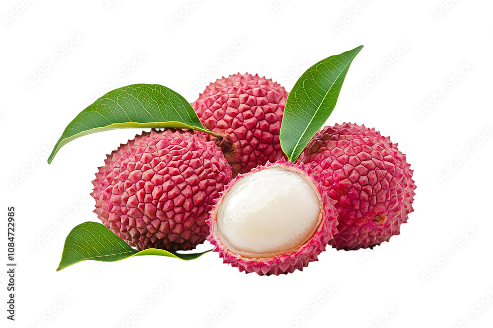 Lychee with leaves tropical fruit isolated png on a transparent background
