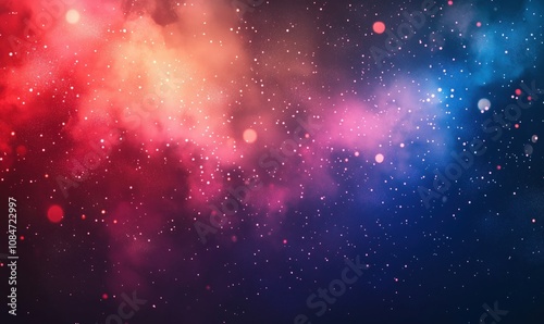 Colorful cosmic nebula with stars and glowing particles, vibrant hues of red, pink, blue, and purple, deep space background