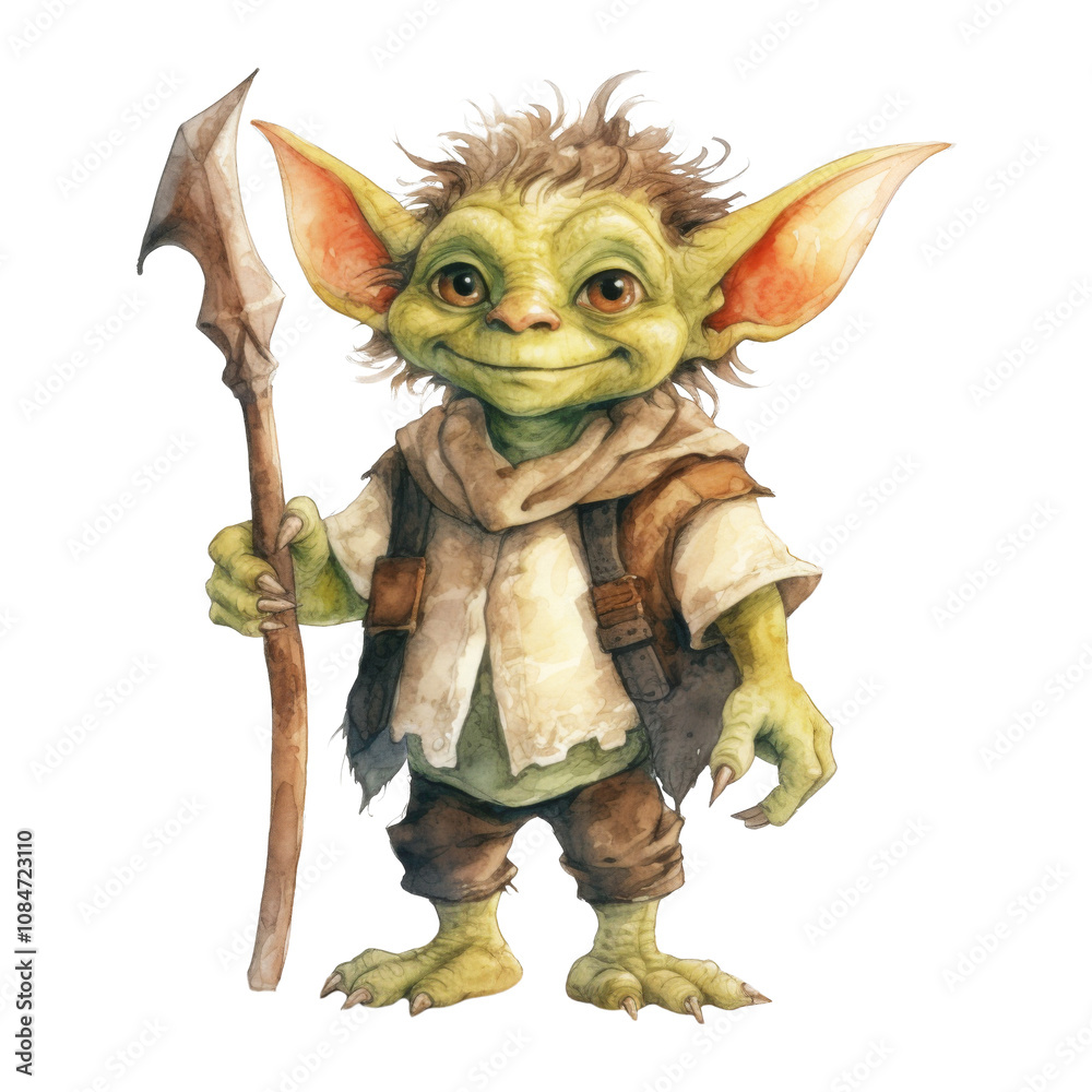 Fototapeta premium A whimsical, green goblin-like creature holding a spear, watercolor painting.