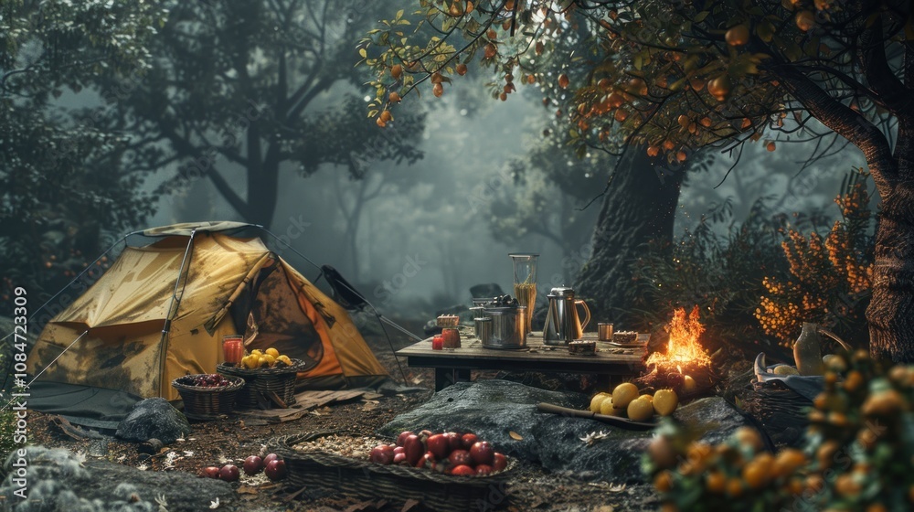 A yellow tent, a campfire, and a table with food and drink are set up in a misty forest, creating a scene of serenity and adventure. A yellow tent, a campfire, and a table with food and drink are set up in a misty forest, creating a scene of serenity and adventure.