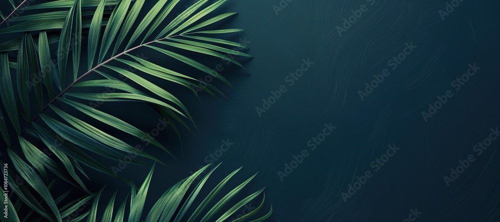 green palm leaf plants on navy blue background 3 green palm leaf plants on navy blue background 3