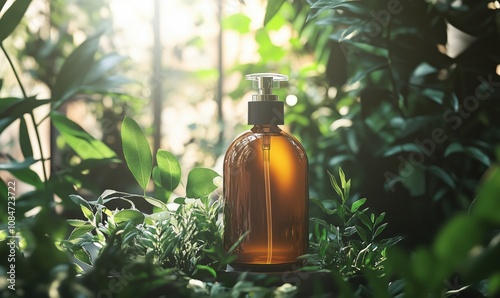 Amber glass bottle surrounded by lush greenery, sunlight filtering through leaves, creating a serene atmosphere