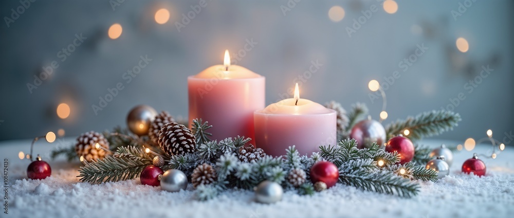 A warm and inviting Christmas scene featuring lit candles surrounded by festive decorations, including pine branches, red and silver baubles, and pinecones, creating a cozy holiday atmosphere.
A warm and inviting Christmas scene featuring lit candles surrounded by festive decorations, including pine branches, red and silver baubles, and pinecones, creating a cozy holiday atmosphere.