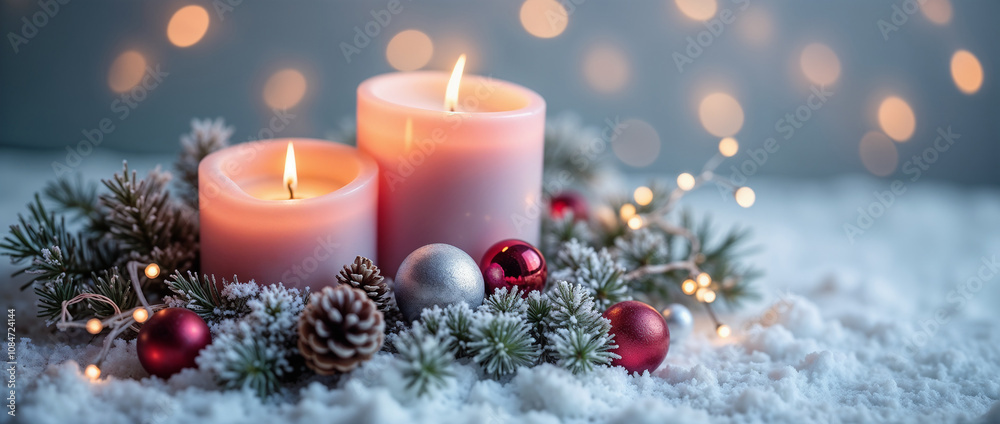A warm and inviting Christmas scene featuring lit candles surrounded by festive decorations, including pine branches, red and silver baubles, and pinecones, creating a cozy holiday atmosphere.
A warm and inviting Christmas scene featuring lit candles surrounded by festive decorations, including pine branches, red and silver baubles, and pinecones, creating a cozy holiday atmosphere.