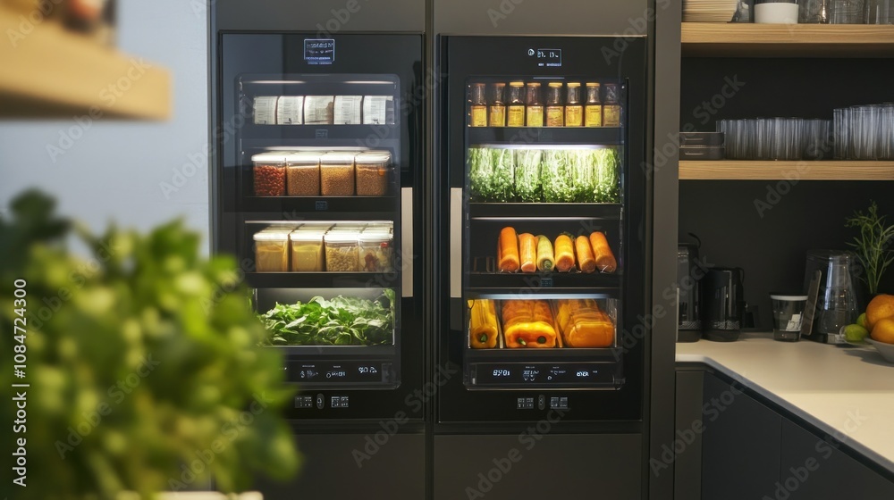 Naklejka premium High-tech stock cupboard with digital labels, temperature-controlled compartments, futuristic design 