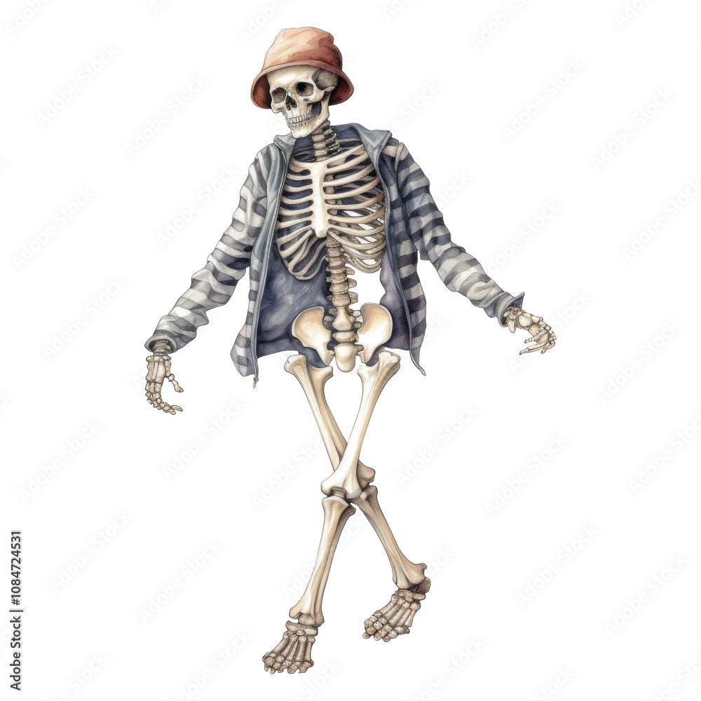 A stylish skeleton in a striped jacket and bucket hat, casually striding. A stylish skeleton in a striped jacket and bucket hat, casually striding.