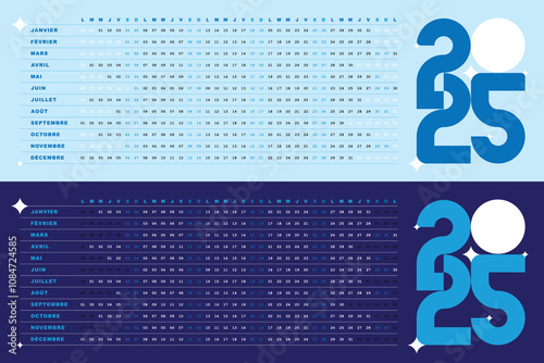Calendrier 2025, Design creatif et Minimaliste avec Dates Horizontales, Carte 2025 bleu 