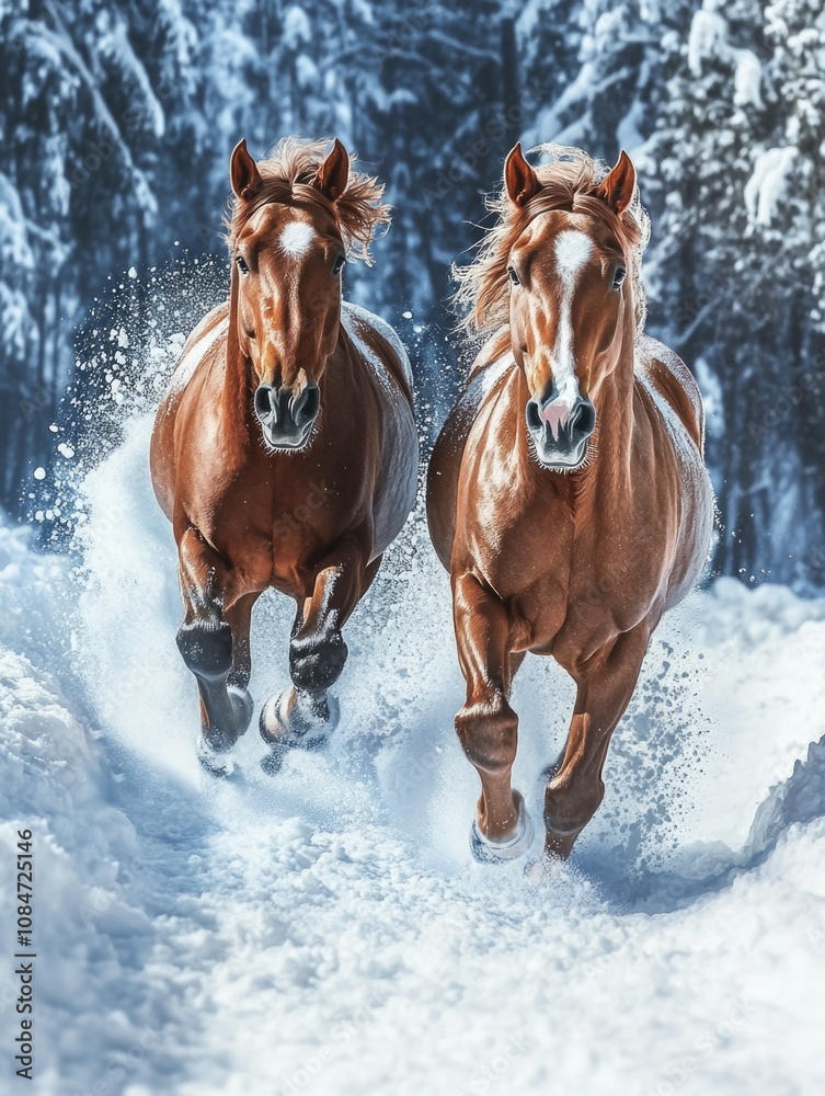 Obraz premium Galloping Brown Horses in Winter Landscape