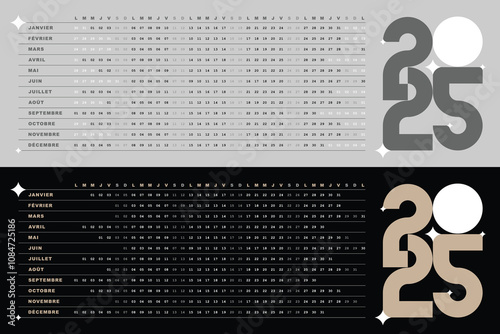 Calendrier 2025, Design creatif et Minimaliste avec Dates Horizontales