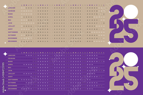 Calendrier 2025, Design creatif avec Dates Horizontales, couleur violet et beige