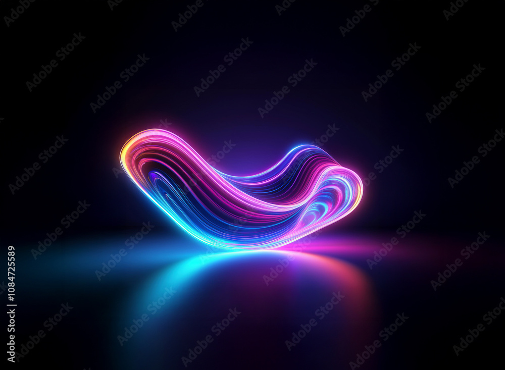 Abstract glowing neon artwork. Vibrant pink, purple, and blue light forms a swirling, wave-like shape reflecting on a dark surface. The piece evokes a sense of energy and movement. Abstract glowing neon artwork. Vibrant pink, purple, and blue light forms a swirling, wave-like shape reflecting on a dark surface. The piece evokes a sense of energy and movement.