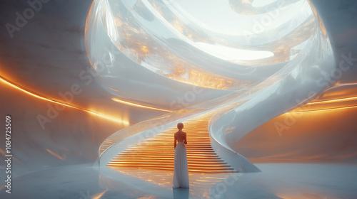 A grand staircase with perfectly mirrored railings and steps, leading to a bright atrium filled with natural light: A visitor with visible five-fingered hands rests on the handrail