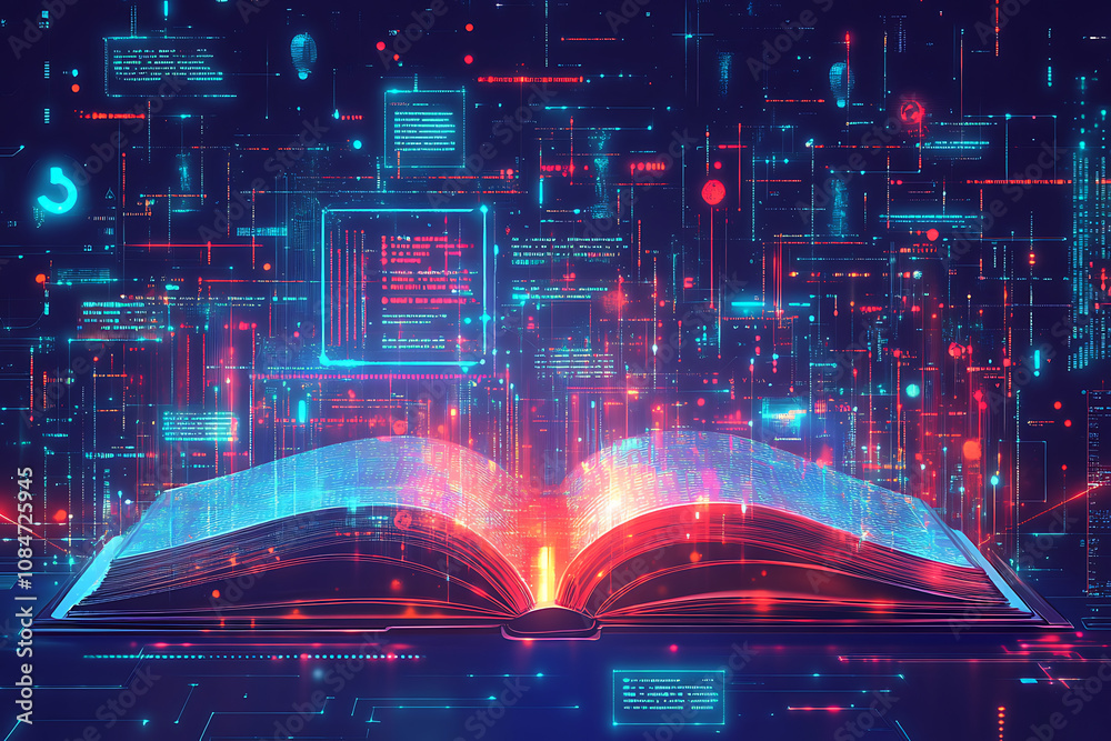 Obraz premium An open book surrounded by digital data and code, symbolizing knowledge and technology.