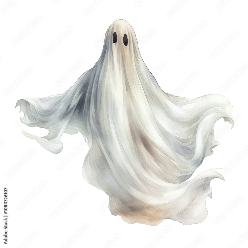 Ethereal White Ghost Figure with Flowing Drapery, Watercolor Style Illustration Ethereal White Ghost Figure with Flowing Drapery, Watercolor Style Illustration