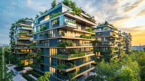 Futuristic Residential Complex with Glass Towers and Green Terraces